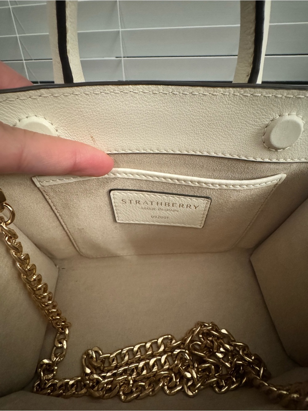 Strathberry Vanilla Cream Nano Tote with Gold Bar Detail - Picture 4 of 5